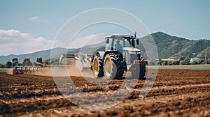 Side view of unrecognizable farmer driving tractor while working soil of agricultural field under cloudy sky on sunny day
