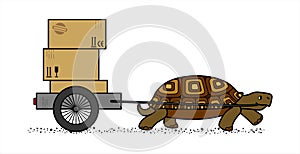 Side View Of A Vector Cute Land Turtle Carrying A Cart With Boxes. Cardboard Boxes With Marking. Slow Delivery. Isolated On A