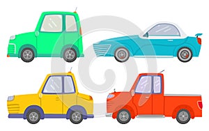 Side view of vehicles isolated on white background