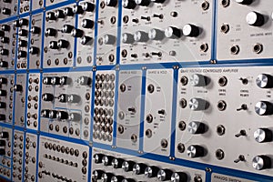 Side view of vintage analog modular synthesizer