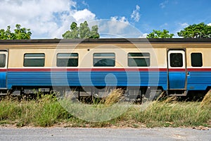 Side view vintage bogie train on rail