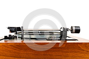 Side view of vintage turntable vinyl record player isolated on white