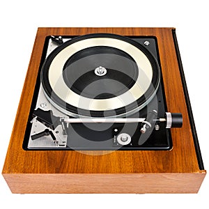 Side view of vintage turntable vinyl record player isolated on white