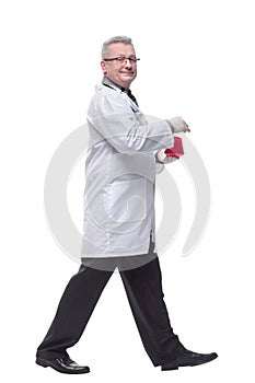 Side view of walking lab scientist isolated on white background