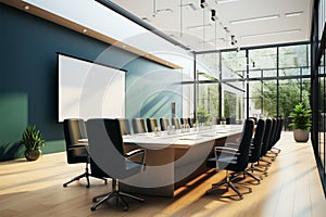 Side view of a well appointed office conference room interior