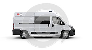 Side view of a white ambulance van isolated on a clean white background