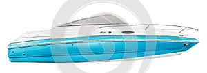 Side view white and blue yacht isolated on white background with clipping path