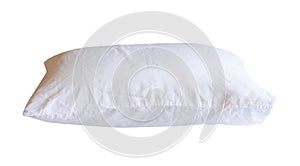 Side view of white pillow with case after guest use in hotel or resort room isolated on white background with clipping path