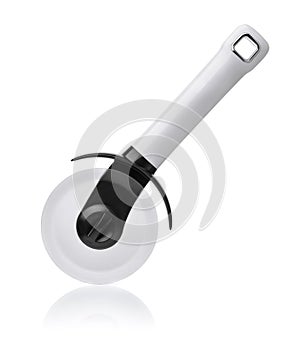Side view of white plastic pizza cutter