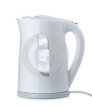 Side view of white plastic upright electric kettle photo