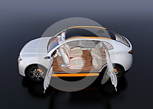 Side view of white self-driving Electric SUV car on reflective ground