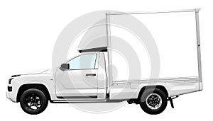 Side view white small refrigerated truck isolated on white background with clipping path