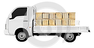 Side view white truck with wooden crates on back of truck isolated on white background with clipping path