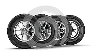 side view of winter tyres on a white background