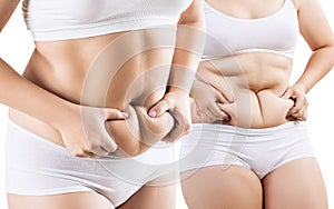 Side view of woman with fat belly. Obesity concept.