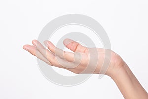 Side view of Woman hand showing on white background