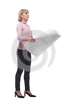 Side view of woman holding engineering blueprints isolated on white background