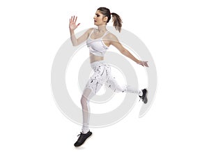 Side View of a Woman Jumping or Leaping on a White Background for Composites