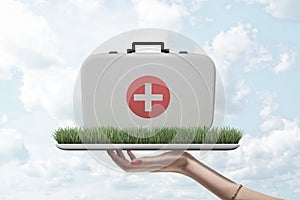 Side view of woman`s hand holding tray with patch of green grass on it with doctor`s case on top against cloudy sky.