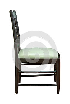 Side View of Wooden Chair with Leather Seat Isolated on White Background