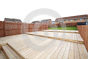Side view of wooden decking in the garden
