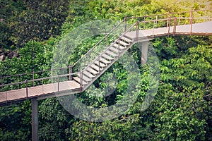 Side view wooden sky walk or walkway cross over treetop surrounded with green natural and sunlight.