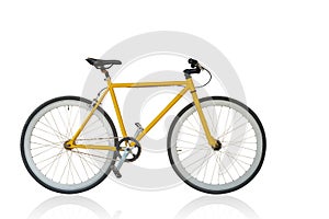 Side view yellow and black bicycle on white background, object, fashion, sport, relex, decor, gift, copy space