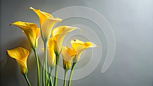 Side view of yellow calla lilies corollas on their stems nuanced light gray background Generative By AI photo