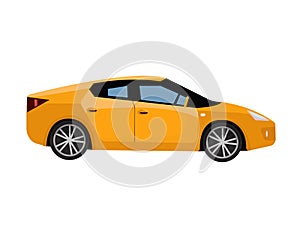 Side view of yellow city car. Modern detailed car. Yellow sedan vehicle. Modern automobile, people transportation.Vector flat