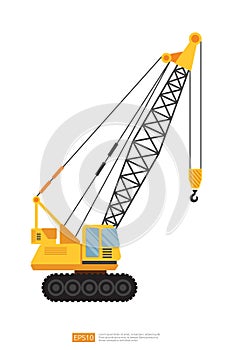 side view yellow Lifting crane vector illustration on white background. Isolated big heavy machinery equipment vehicle. Tower and