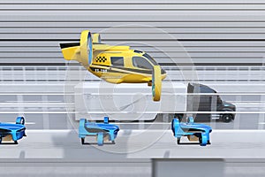 Side view of yellow Passenger Drone Taxi, fleet of delivery drones flying along with truck driving on the highway