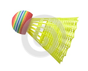 Side view of yellow plastic badminton shuttlecock