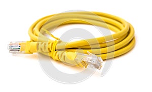 Side view yellow RJ45 computer network connecting cable with clipping path