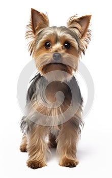 Side view of a Yorkshire Terrier dog standing and looking at the camera in front isolated of white background