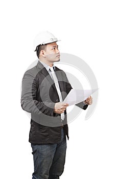 side view of young asian wearing safety helmet working engineering man holding project paper work isolated white background use f