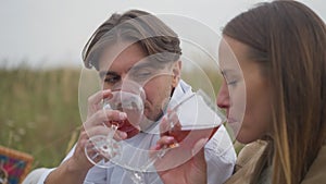 Side view young Caucasian man and woman toasting drinking red wine smiling sitting on picnic on cloudy autumn day in