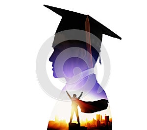Side view of  young  male graduation  with knowledge is power concepts. double exposure