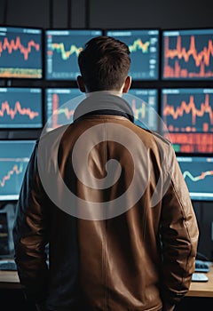 Side view of a young man looking at the monitor with stock market data.