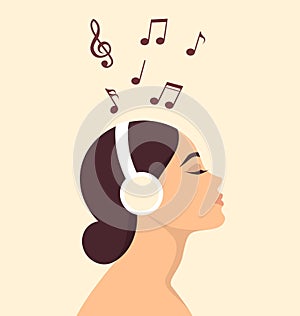 Side view of young woman with closed eyes listening to music in wireless headphones. Vector illustration in flat style