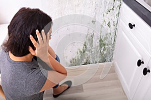 Woman Looking At Mold On Wall photo
