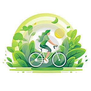 Side view of a young woman rides her bicycle against a backdrop of lush green leaves, exemplifying the ideals of