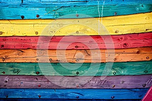 The side of a vintage wooden boat is painted in rainbow colors. Art background