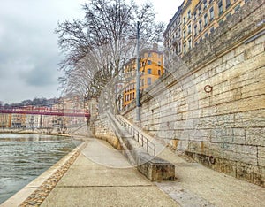 The side walk of the river Saone of Lyon, Lyon old town, France