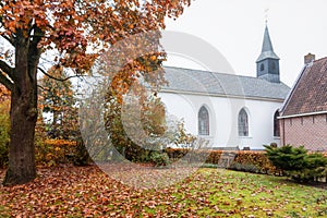 The side wall of the white church in Bourtange, a Dutch fortified village in the province of Groningen