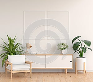 Sideboard in blue living room with frame mockup, 3D rendering