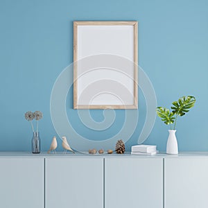 Sideboard in blue living room with picture frame mock up, 3D rendering