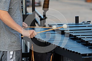 Sideline percussionist rehearsing on his vibraphone at marching
