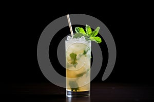 sidelit mojito with deep shadows on a black surface