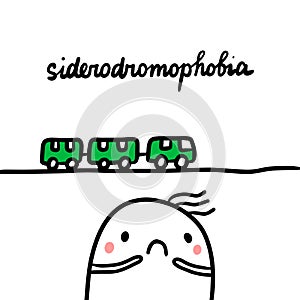 Siderodromophobia hand drawn illustration with cute marshmallow and a train