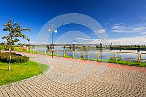 Sidewalk and bike path at Vistula river in Tczew